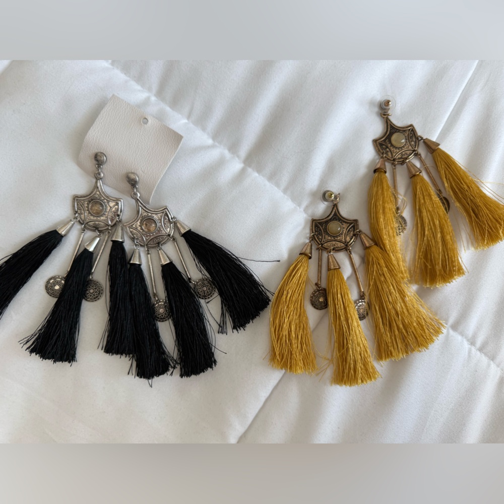 Black and Gold Tassel Earrings